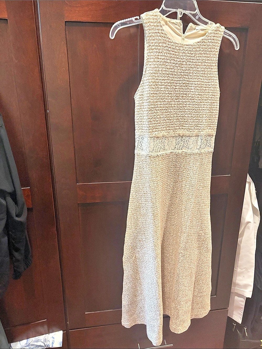 Zara Textured Tweed Dress with Lace Insert Small Beige & White
